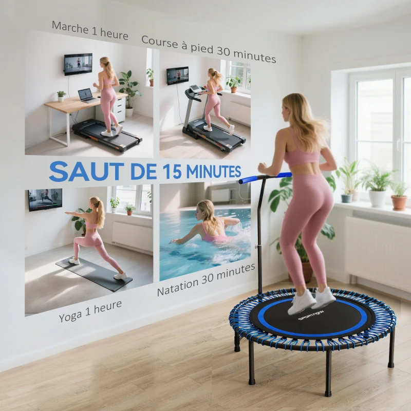 SPORTNOW Trampoline de fitness 114 cm, cordes élastiques, poignée réglable 5 positions, trampoline d'exercice silencieux, bleu