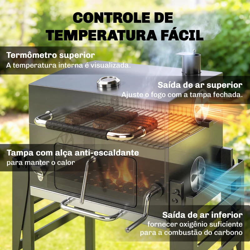 Outsunny Barbecue a Carvão com Bandeja Ajustável, Prateleiras Dobráveis, Rodas, Termómetro, Tampa, Chaminé, Ventilação e Cesto