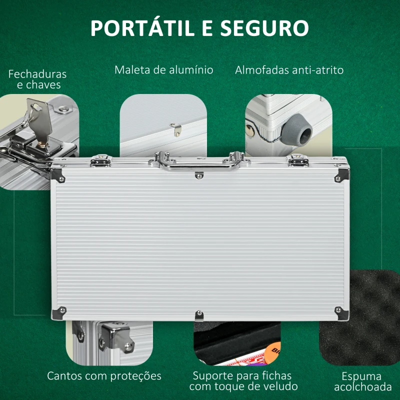 SPORTNOW Conjunto de Póquer Profissional com 300 Fichas de 11,5 g 2 Baralhos de Cartas 5 Dados Tapete e Botão de Crupiê para 7-8 Jogadores com Fechadura Prata