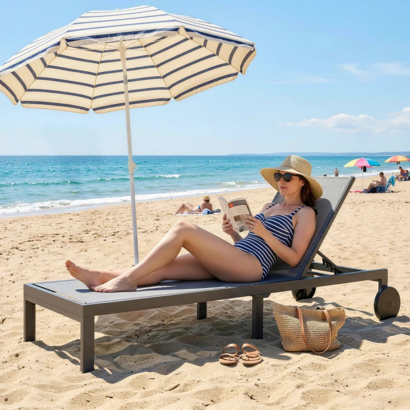 Outsunny Transat respirant pour jardin avec dossier réglable 6 positions, roulettes, cadre en aluminium