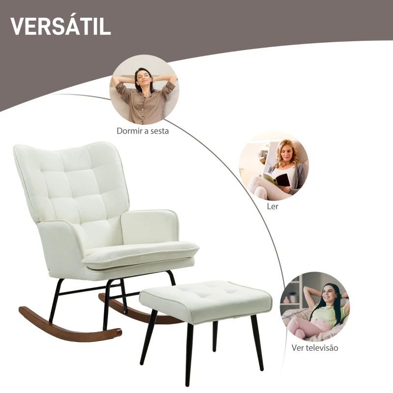 HOMCOM Conjunto de Poltrona Baloiço com Apoio para os Pés Poltrona Relax com Almofada Acolchoada e Anti-Tombo 64x89x90 cm Bege