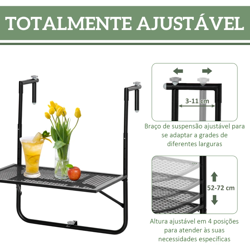 Outsunny Mesa Suspensa para Varanda Dobrável de Metal com Altura Ajustável em 4 Níveis Carga 10 kg 60x60x57-72 cm Preto