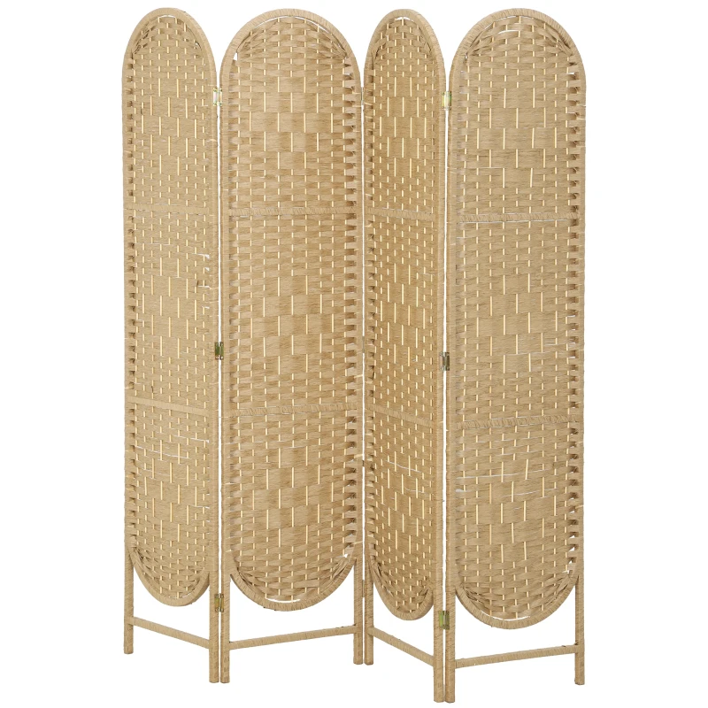 HOMCOM Biombo Separador de 4 Painéis 160x170 cm Painel de Privacidade Dobrável Boémio com Topo Arqueado Entrançado à Mão Madeira