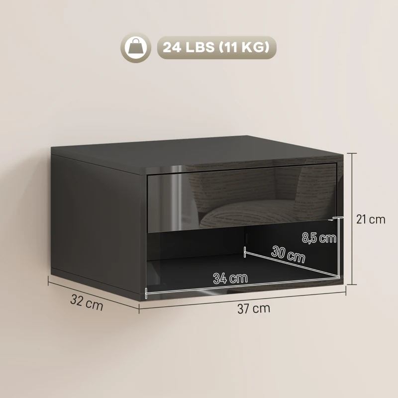 HOMCOM Conjunto de 2 Mesas de Cabeceira Suspensas com Gaveta Prateleira Aberta para Quarto 37x32x21 cm Preto Brilhante