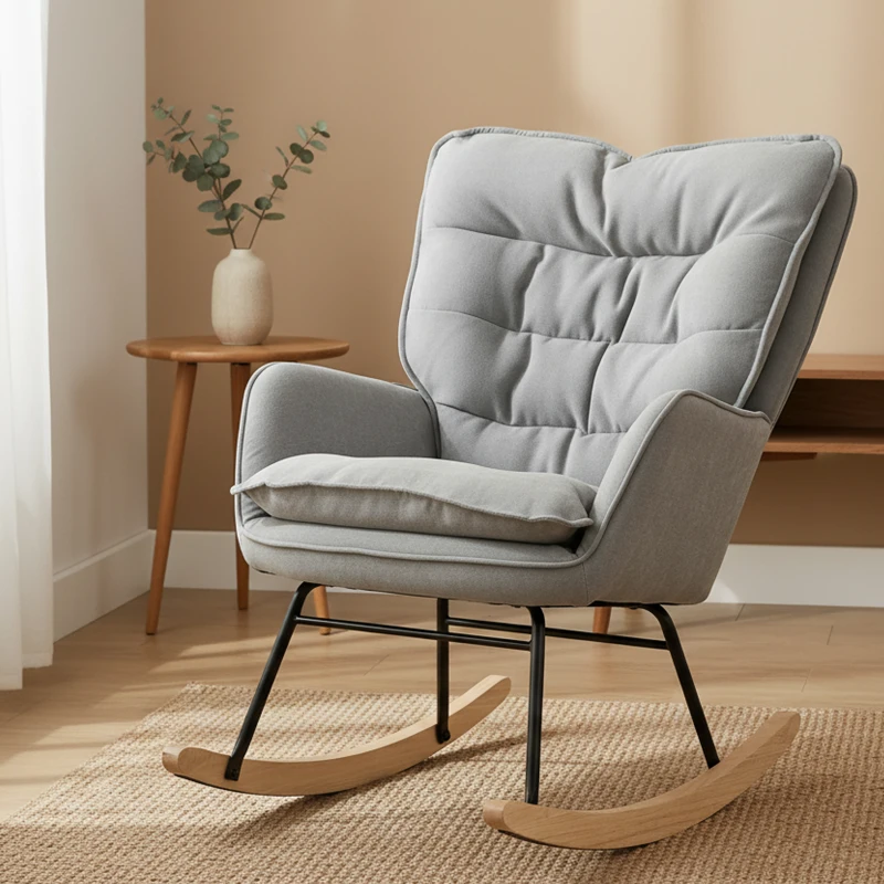 HOMCOM Poltrona Baloiço Estofada em Chenilla com Pés de Madeira de Faia e Apoio para os Braços para Lactância  71x98,5x97 cm Cinzento claro