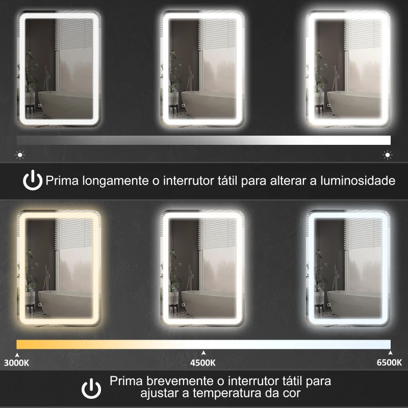 HOMCOM Espelho Casa de Banho com Luzes LED 60x80 cm Função Antiembaciamento 3 Temperaturas de Cor Ajustável e Função de Memória