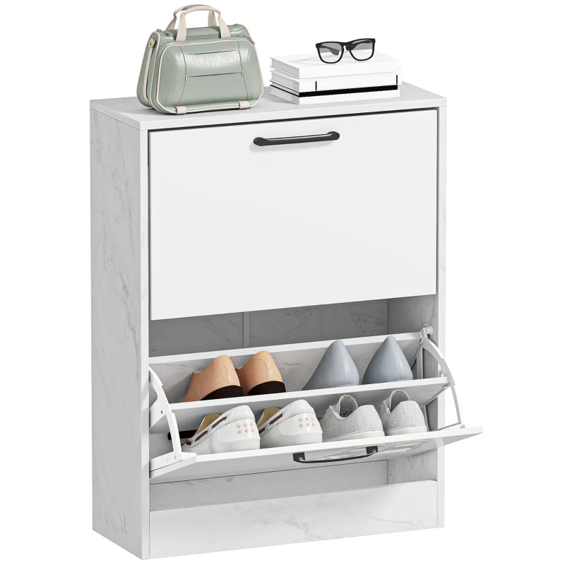 HOMCOM Sapateira Estreita 2 Portas de Alto Brilho com Prateleiras Ajustáveis Design Mármore para 8 Pares de Sapatos 60x24x80 cm Branco