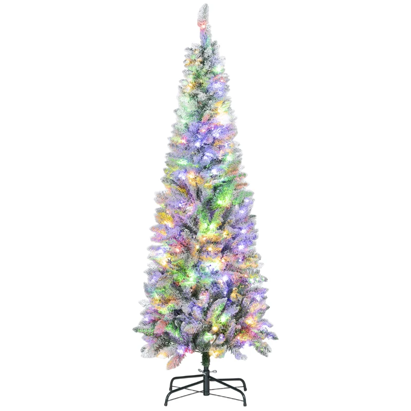 HOMCOM Árvore de Natal Estreita 180 cm Nevada com Luzes LED Bicolores 11 Modos de Iluminação 479 Ramos Suporte Metálico Verde