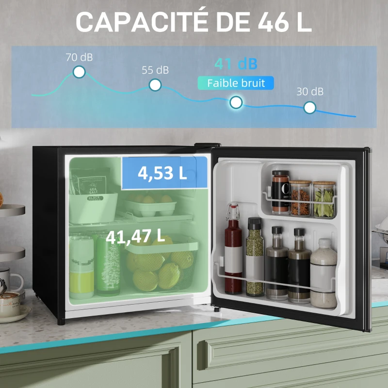 HOMCOM Réfrigérateur congélateur 46 L, petit réfrigérateur combiné avec portes réversibles, 48 x 44 x 49 cm, argenté(m-4)