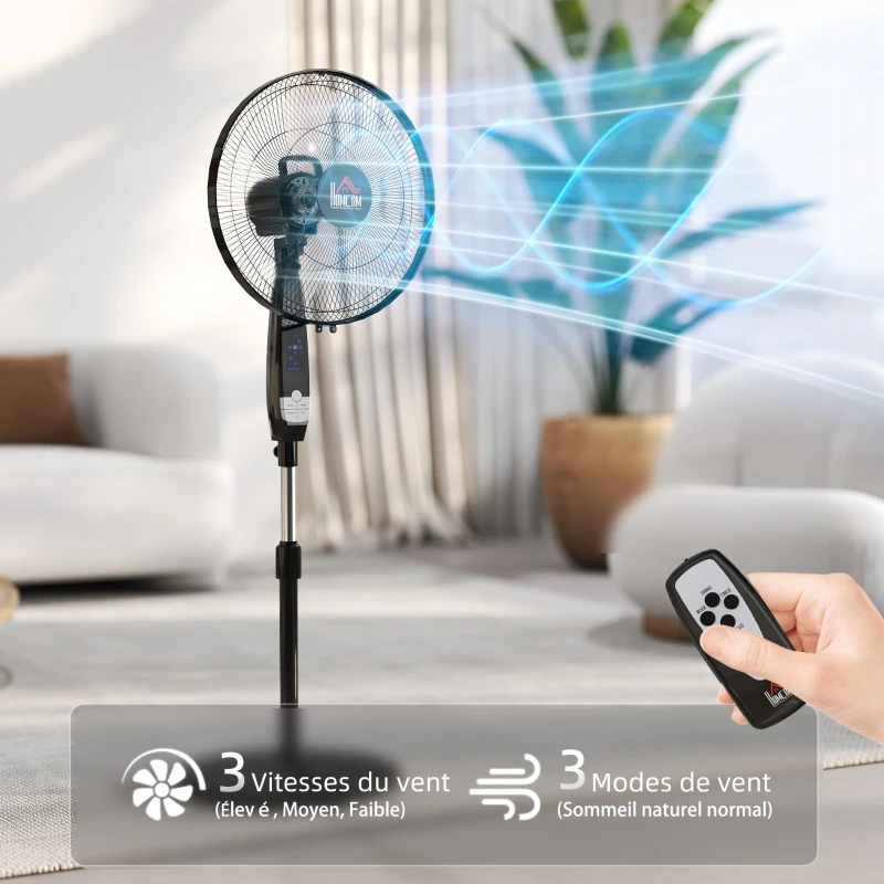 HOMCOM Ventilateur sur pied hauteur réglable oscillant 85° 3 vitesses 50 W avec écran LED télécommande minuterie Ø 42 cm noir
