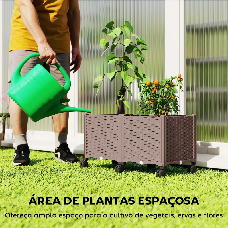 Outsunny Floreira Elevada com 6 Rodas Autorrega e Drenagem Floreira para Jardim 80x40x43 cm Castanho
