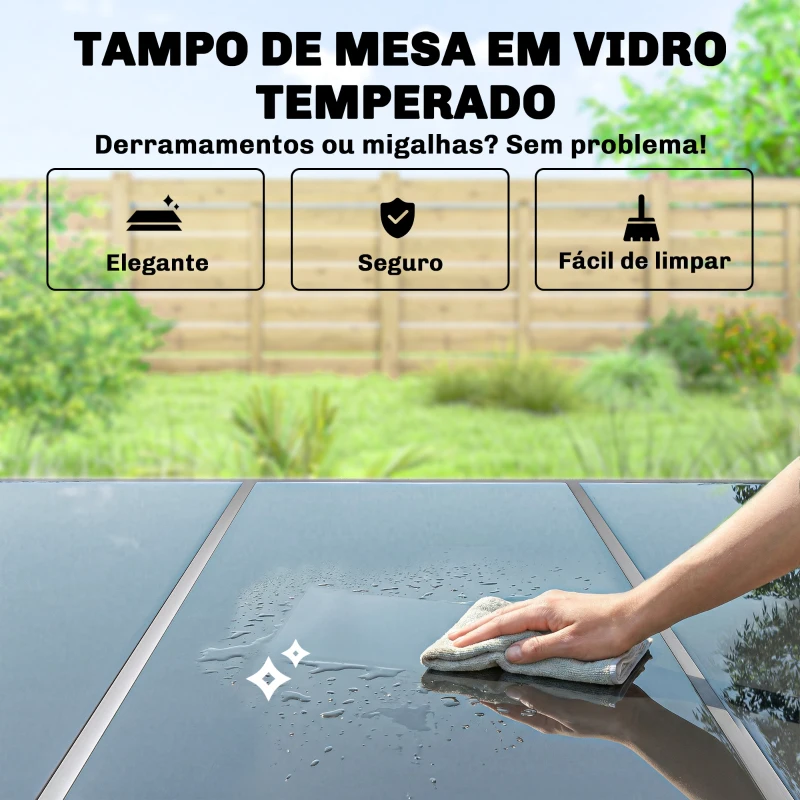 Outsunny Conjunto de Refeição de Jardim 7 Peças com Mesa de Vidro Temperado e 6 Cadeiras Empilháveis Preto e Prata