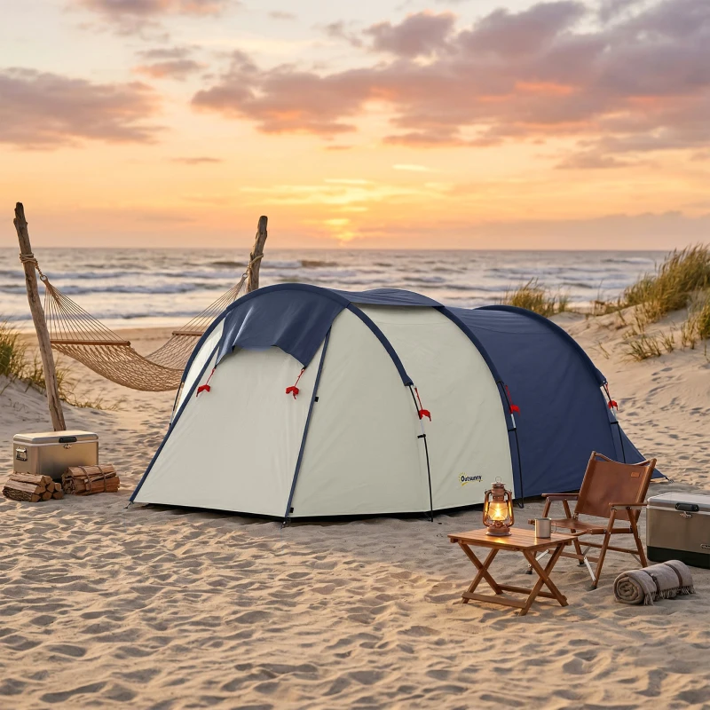 Outsunny Tenda da Campeggio Tunnel per 4 Persone Impermeabile, con Zona Notte e Giorno, Finestre e Telo da Terra, Blu Marino e Crema