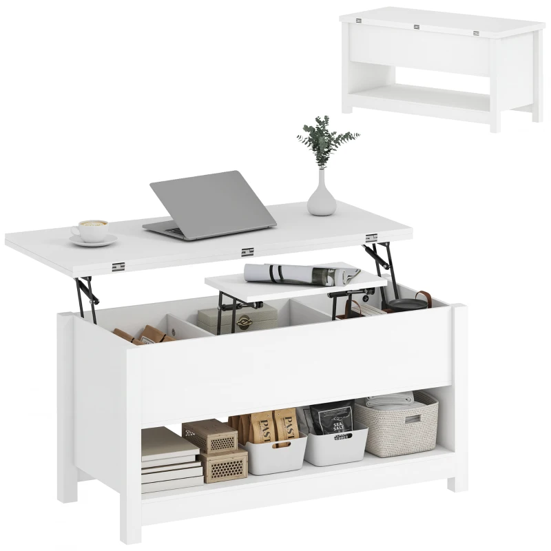 HOMCOM Mesa de Centro Elevatória e Extensível com Compartimentos Ocultos e Prateleira Aberta 100x90x64 cm Branco
