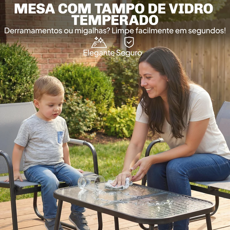 Outsunny Conjunto de Jardim Exterior com 1 Sofá de 2 Lugares 2 Poltronas e Mesa com Tampo de Vidro Temperado Textilene Respirável Cinzento