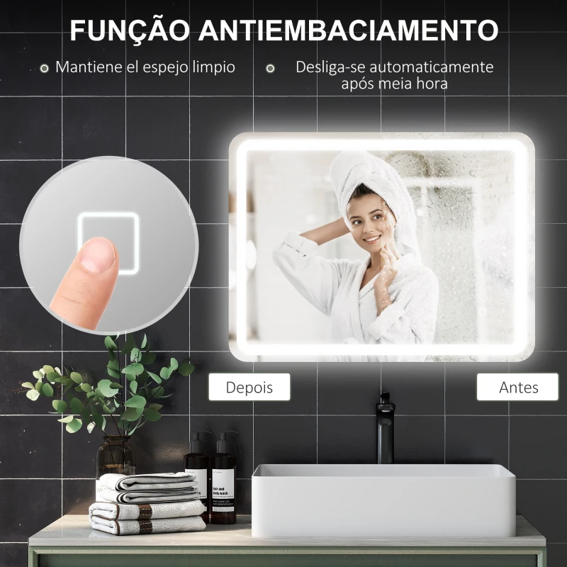 HOMCOM Espelho Casa de Banho com Luzes LED 60x80 cm Função Antiembaciamento 3 Temperaturas de Cor Ajustável e Função de Memória