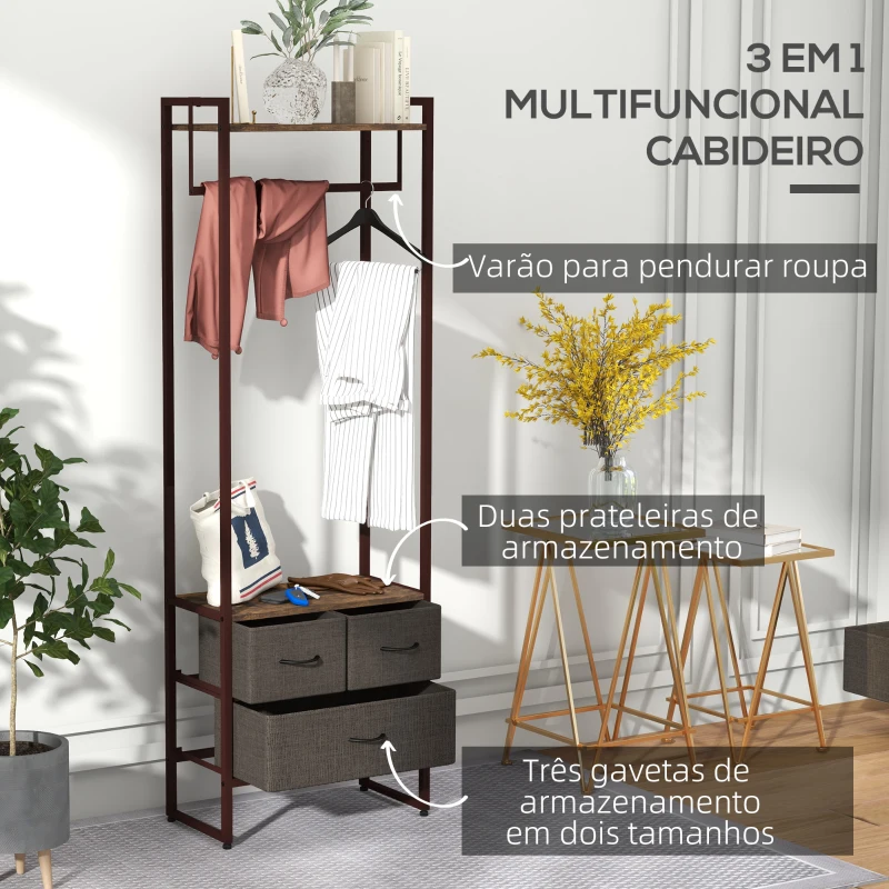 HOMCOM Suporte para Cabides com 3 Gavetas de Tecido Barra para Pendurar e Prateleira para Entrada Quarto 58,5x30x178 cm Castanho Rústico