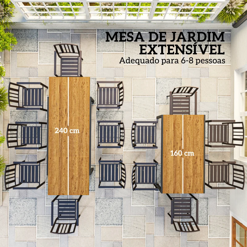 Outsunny Mesa de Jantar Exterior Extensível de 160-240 cm para 6-8 Pessoas Mesa de Jardim Retangular para Terraço Castanho
