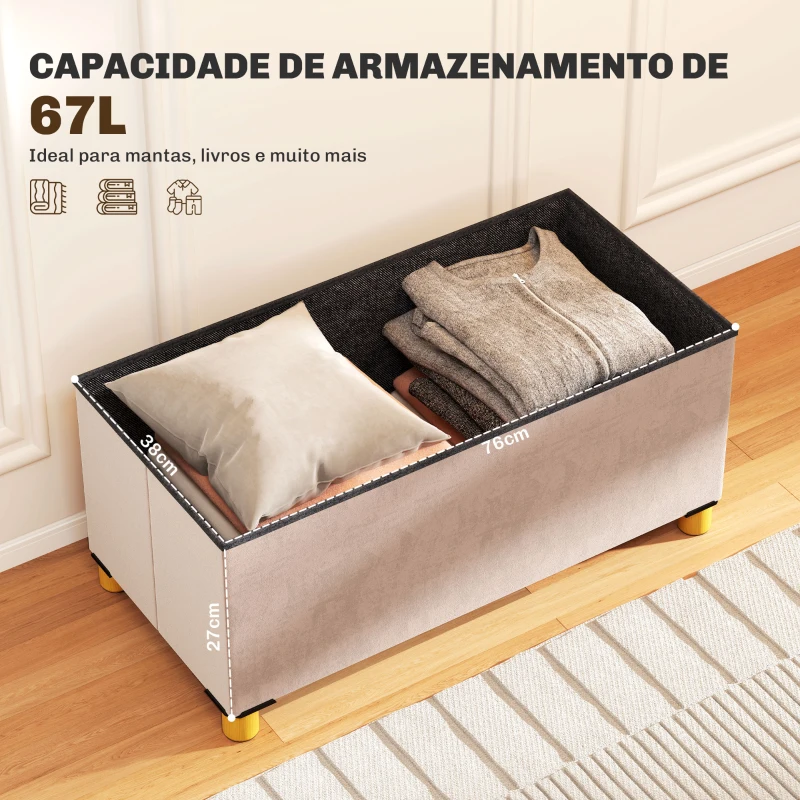 HOMCOM Banco de Armazenamento Dobrável Capacidade de 67 L  Estofado em Veludo Carga 120 kg 76x38x38 cm Rosa Claro