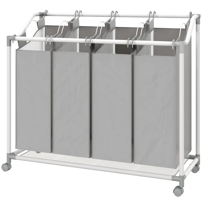 HOMCOM Panier à linge mobile, chariot linge sale, corbeille à roulettes avec 4 sacs amovibles, 4 x 40L, 97 x 38 x 81 cm, gris