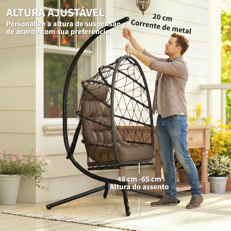 Outsunny Cadeira Suspensa Tipo Ovo com Suporte Cesta Dobrável Almofada Apoio de Cabeça Capa Protetora e Corrente Capacidade 120 kg Castanho