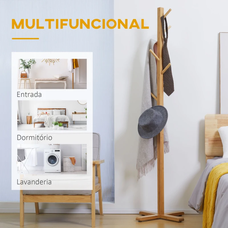 HOMCOM Cabide de Pé em Bambu com 8 Ganchos para Pendurar Bolsas e Chapéus no Corredor Entrada Quarto 49,5x49,5x178 cm Madeira