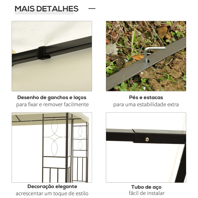 Outsunny Pérgola de Jardim 4x3 m com Telhado Duplo Estrutura de Aço Anti-UV para Exterior Terraço Pátio Branco Creme