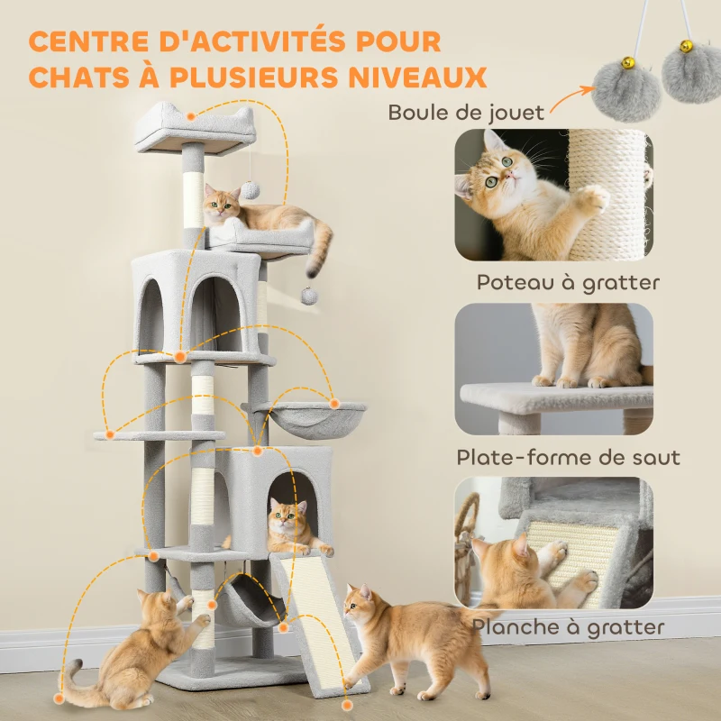 PawHut Arbre à chat tour de jeux pour chat 3 platesformes 2 niches 2 lits 2 hamacs 1 échelle hauteur 177 cm gris clair