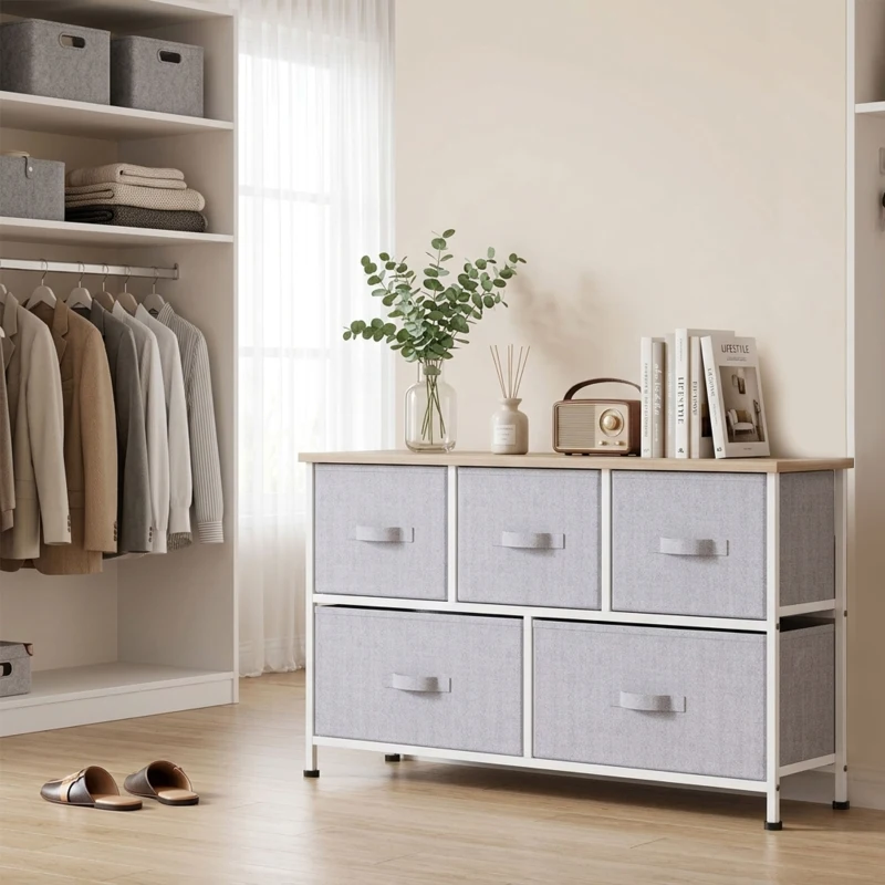 HOMCOM Cómoda com 5 Gavetas de Tecido Cómoda para Quarto Estrutura Metálica 100x30x54 cm Cinzento