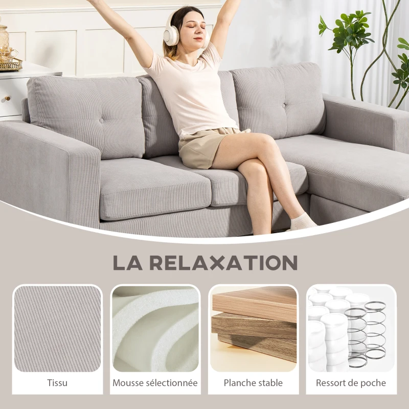 HOMCOM Canapé d'angle réversible en velours côtelé, canapé 3 places avec méridienne, cadre en acier, 192x137x84cm, gris clair