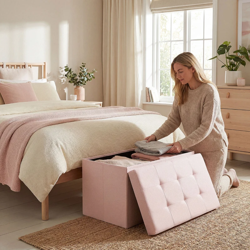 HOMCOM Puff de Arrumação Banco Dobrável 84 L 76x38x38 cm Estofado em Linho Sintético, Baú de Arrumação Rosa