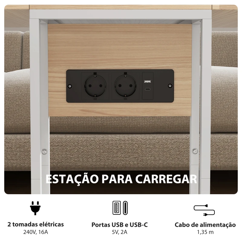 HOMCOM Mesa Auxiliar com Estação de Carga com Tampo Dobrável e Pés Ajustáveis 39x29x57 cm Branco e Madeira