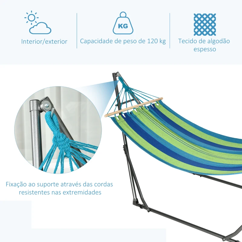 Outsunny Cama Rede com Suporte Dobrável 2 em 1 Estendal com Barra Estrutura de Aço para Jardim 270x100x94 cm Azul e Verde