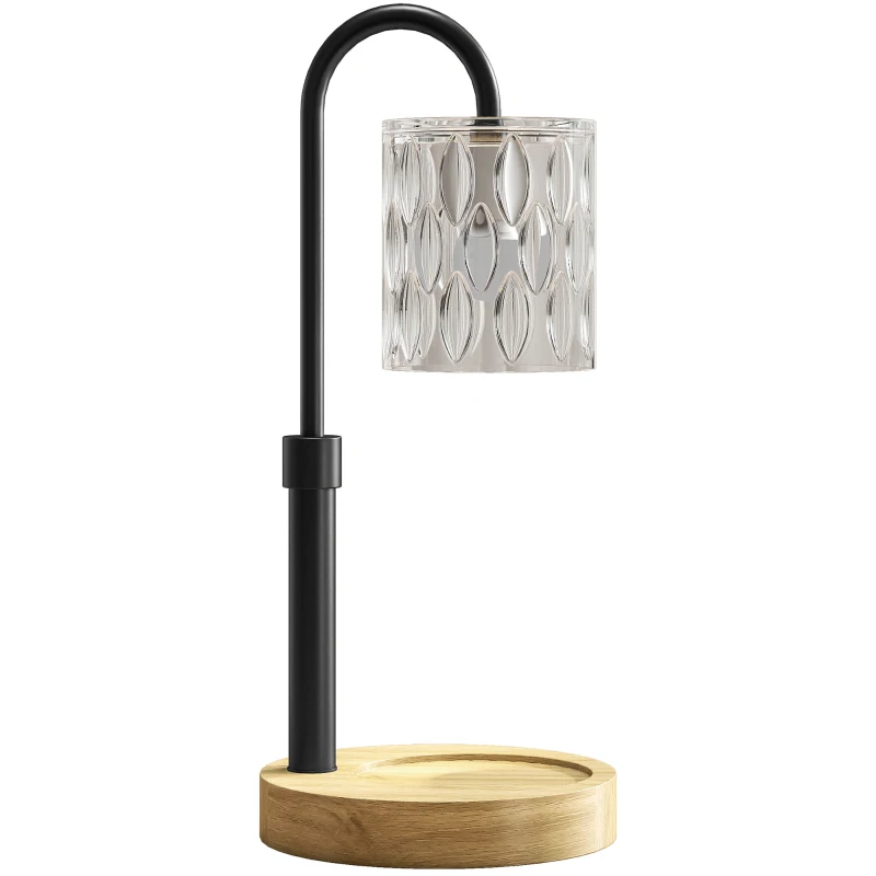 HOMCOM Candeeiro de Mesa Candeeiro Aquecedor de Vela com Base de Madeira Ecrã de Vidro Ø15x32,5 cm Multicor