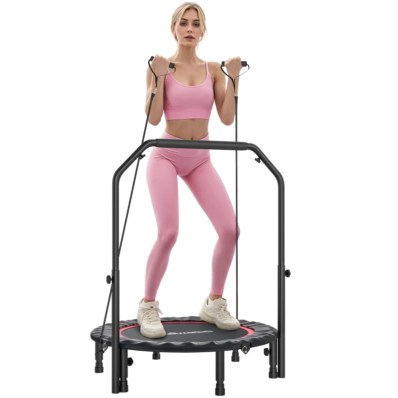 SPORTNOW Trampolim de Fitness Ø102 cm Dobrável com Guiador Ajustável de 4 Níveis e Bandas para Treino de Pernas e Corpo Vermelho