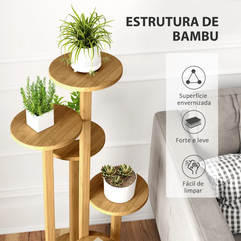 Outsunny Suporte para Plantas em Bambu com Rodas de 5 Níveis Estante Redonda para Plantas para Cantos 33x33x90 cm Madeira