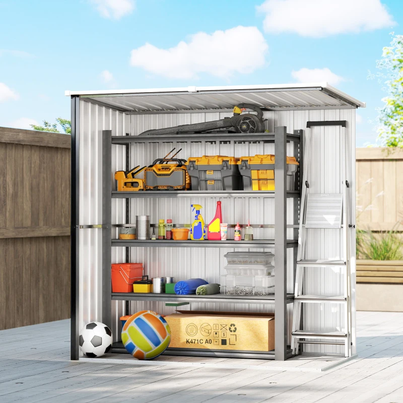 Outsunny Abrigo de Jardim Exterior Metálico 1,37 m² 163x89x163 cm com Telhado Inclinado, Portas com Fecho e Luvas Cinzento