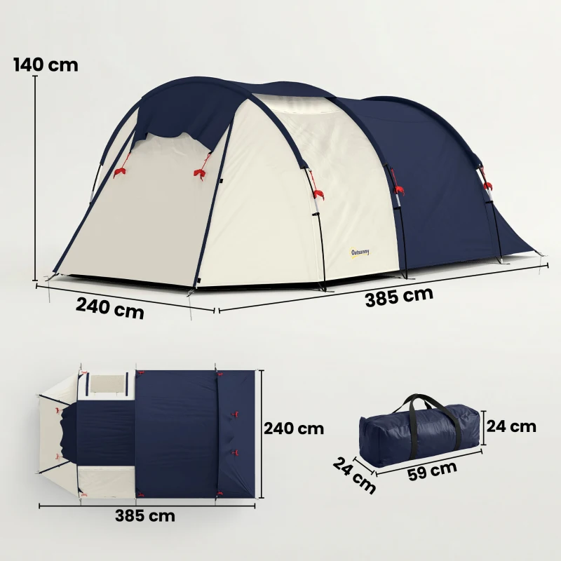 Outsunny Tenda da Campeggio Tunnel per 4 Persone Impermeabile, con Zona Notte e Giorno, Finestre e Telo da Terra, Blu Marino e Crema