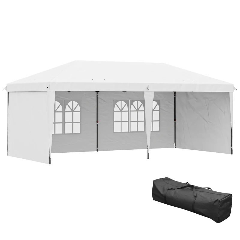 Outsunny Tenda Dobrável 6x3 m Pop-up com 4 Laterais Desmontáveis Tenda de Jardim com 2 Janelas Visíveis Saco de Transporte Branco