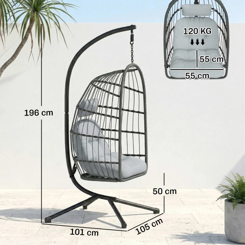 Outsunny Hanging Egg Chair, Indoor Outdoor Hammock Swing Chair with Stand, Safety Strap, Foldable Basket, Dark/Light Grey