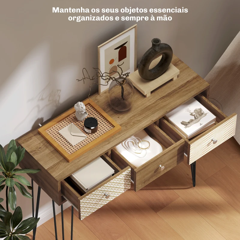 HOMCOM Mesa Consola com 3 Gavetas Consola Estreita para Entrada com Pés de Aço 90x30x75 cm Madeira