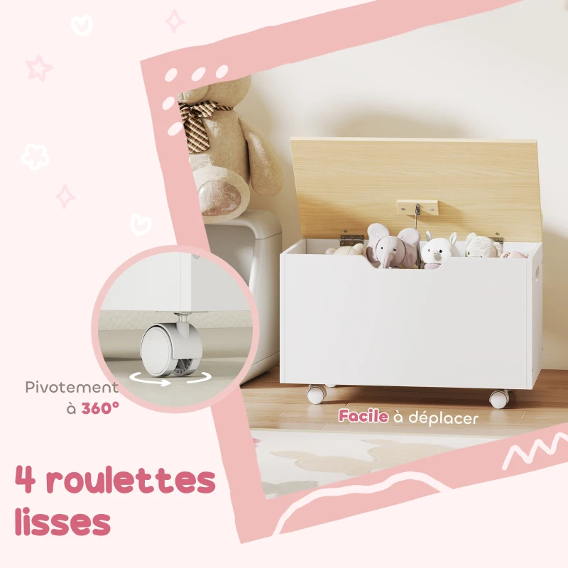 AIYAPLAY Coffre à jouet enfant sur roulettes, coffre de rangement enfant avec couvercle rabattable, 59 x 30 x 53 cm, blanc