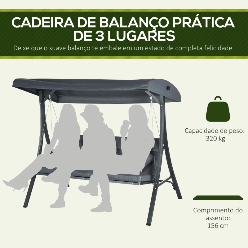 Outsunny Baloiço de Jardim Exterior de 3 Lugares com Toldo Ajustável e Estrutura de Aço 202x115x168 cm Cinzento Escuro
