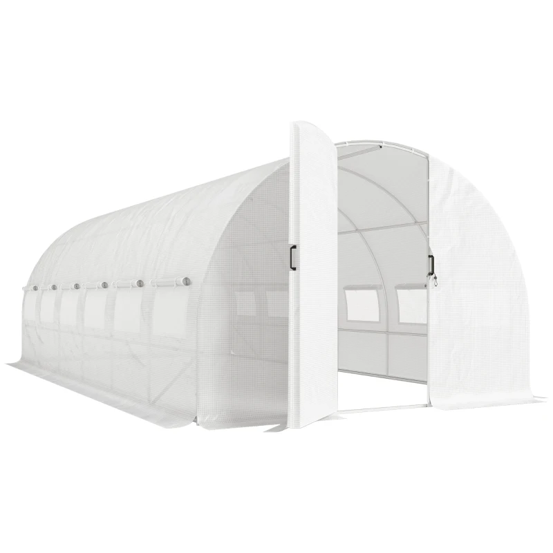 Outsunny Estufa de Túnel 6x3x2 m com Porta de Dobradiças,12 Janelas com Rede e Estrutura de Aço Galvanizado Branco