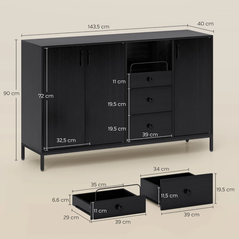 HOMCOM Aparador com 3 Portas e 3 Gavetas Prateleiras Ajustáveis para Cozinha, Entrada Sala de Jantar Quarto 143,5x40x90 cm Preto