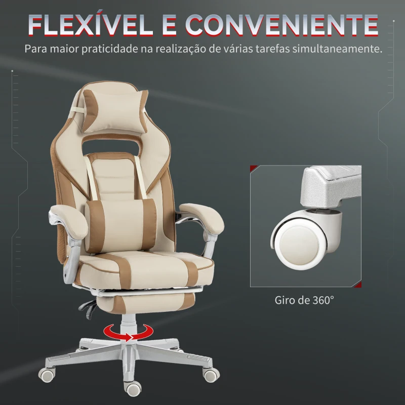 HOMCOM Cadeira Gamer Reclinável com Altura Ajustável Apoio para Pés Retrátil Suporte Lombar e Almofada de Cabeça Removível Creme