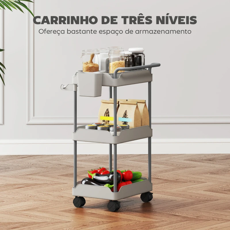 HOMCOM Carrinho Auxiliar com Rodas de 3 Níveis com Cestos Extraíveis Suporte para Toalhas e Estrutura de Metal 42x42,5x76 cm Cinza