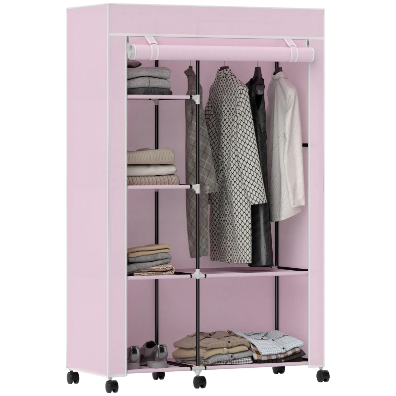 HOMCOM Roupeiro de Tecido Dobrável com 6 Prateleiras 1 Barra de Pendurar e Rodas para Dormitório Vestidor 103x43x162,5 cm Rosa