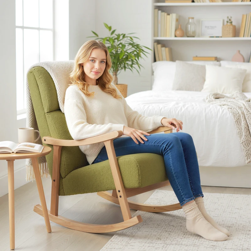 HOMCOM Poltrona Baloiço Moderna em Borrego com Apoio para os Braços de Madeira de Faia Poltrona de Amamentação 65x90x98 cm Verde claro
