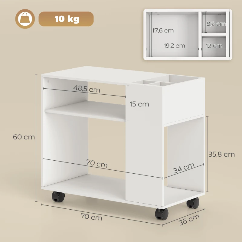 HOMCOM Mesa de Apoio com Rodas Compartimentos Superiores e Prateleiras Abertas 70x36x60 cm Branco